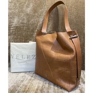 Velez Artisan Croc Embossed Leather Tote Brown Shoulder Bag w Dust Bag